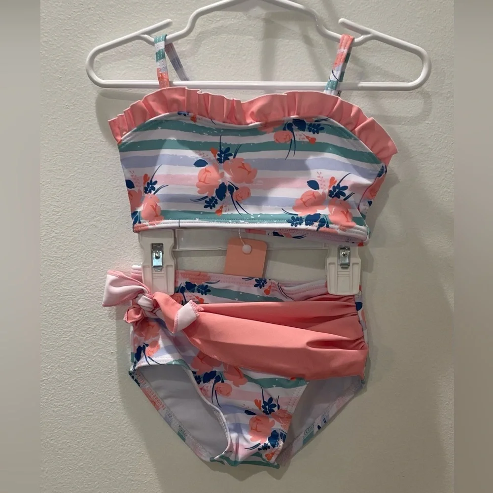 NEW…Girl Toddler Striped Floral Pink Two-Piece Bikini Set